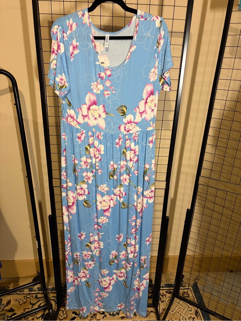 Blue Floral Maxi Dress with Pink & White Blossoms